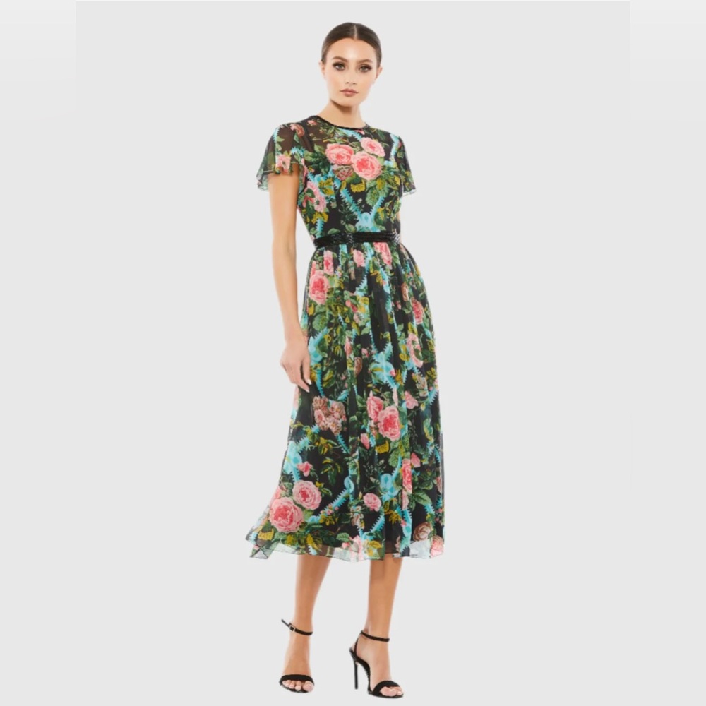 Mac Duggal Black Floral Midi Dress with Pink Roses